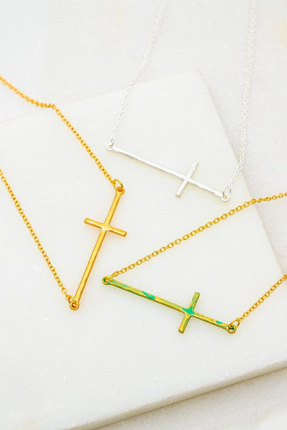 HAMMERED SIDEWAY CROSS NECKLACE