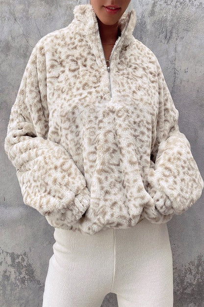 SOFT FUR  LEOPARD CASUAL LONG SLEEVE ZIP UP