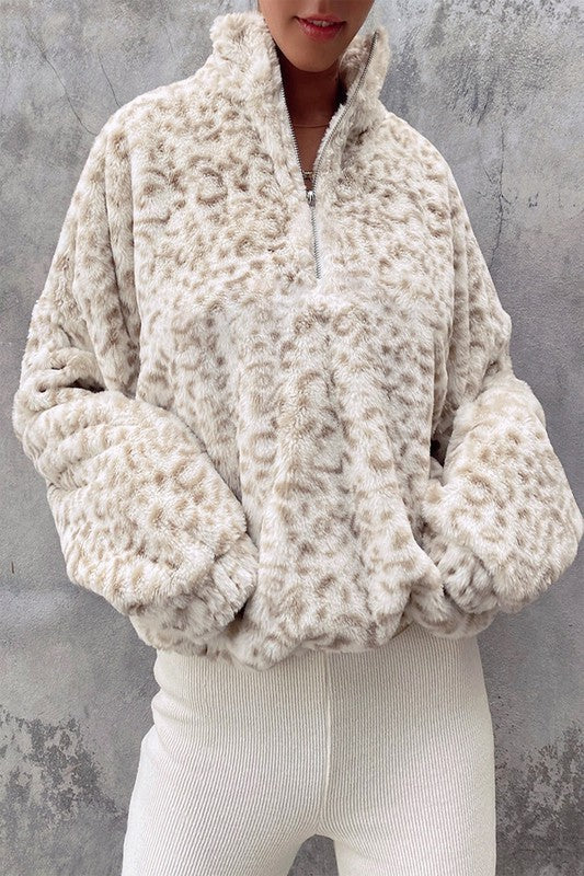 SOFT FUR  LEOPARD CASUAL LONG SLEEVE ZIP UP