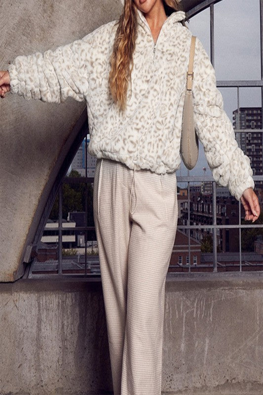 SOFT FUR  LEOPARD CASUAL LONG SLEEVE ZIP UP