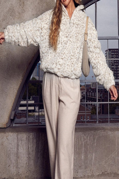 SOFT FUR  LEOPARD CASUAL LONG SLEEVE ZIP UP