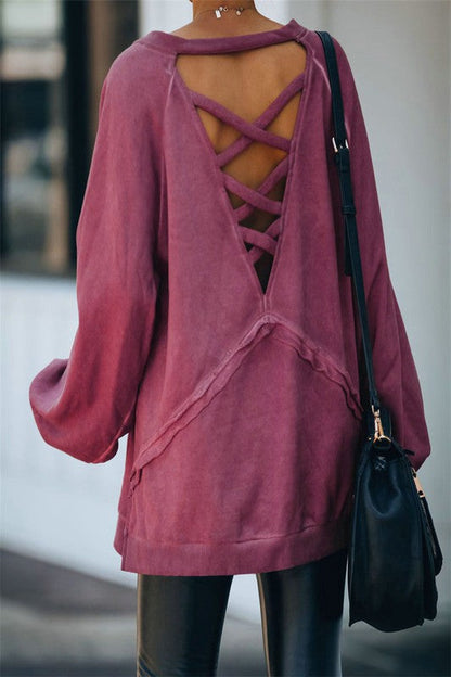 CROSS STRAPS HOLLOW OPEN BACK SWEATSHIRT