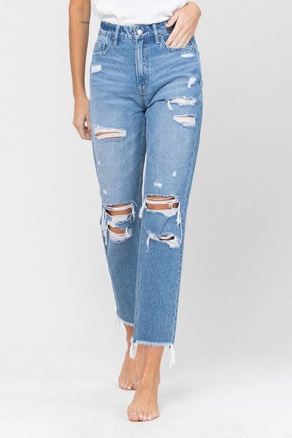 DISTRESSED RAW HEM MOM JEANS