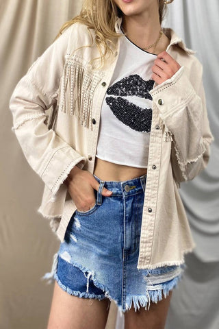 vintage fringe beads loose denim jacket