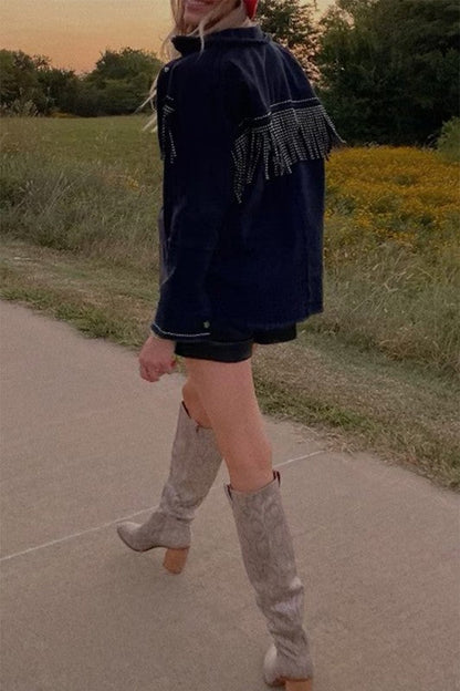 vintage fringe beads loose denim jacket