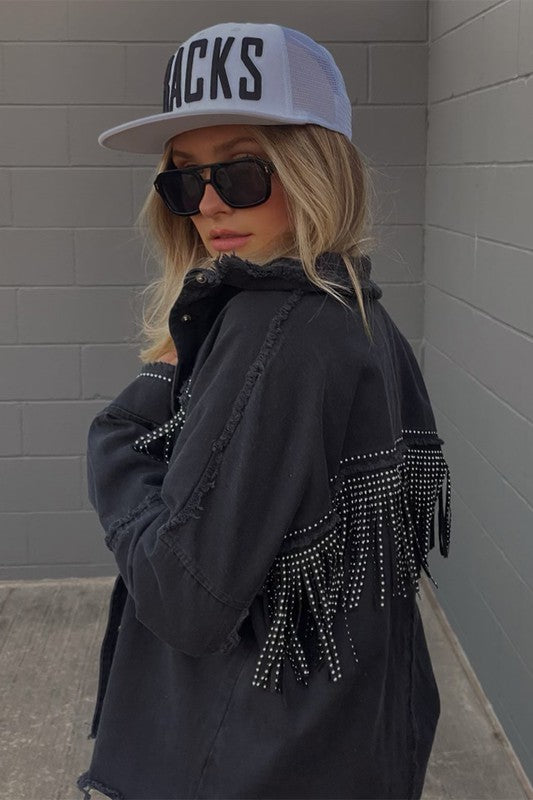 vintage fringe beads loose denim jacket
