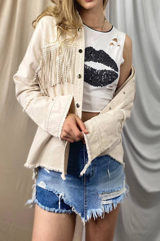 vintage fringe beads loose denim jacket