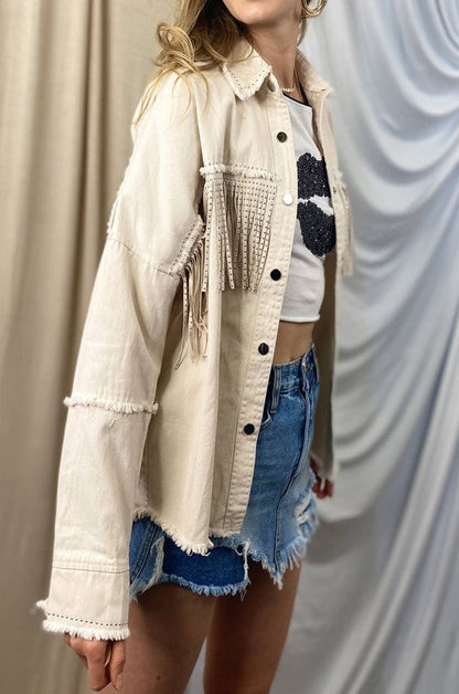 vintage fringe beads loose denim jacket