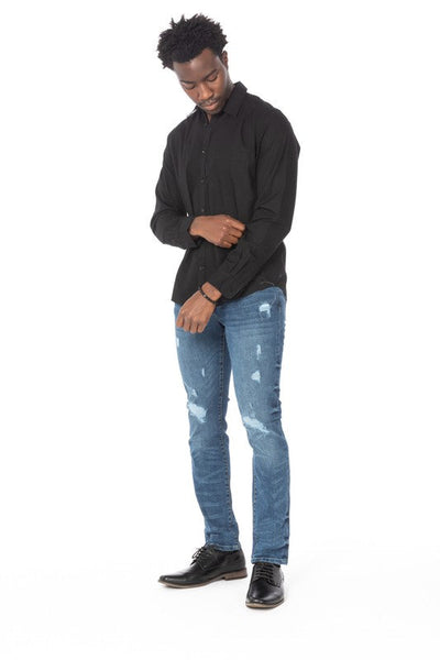 DISTRESSED RIP SLIM TAPER DENIM JEANS