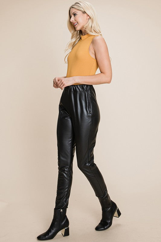 Fleece lined Faux Leather Pants With elastic band