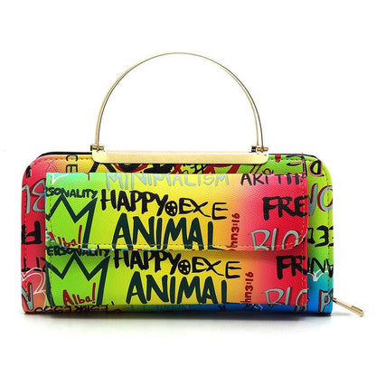 Graffiti Print Round Top Handle  Clutch Wallet