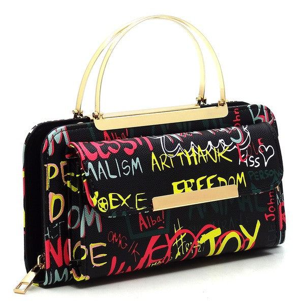 Graffiti Print Round Top Handle  Clutch Wallet