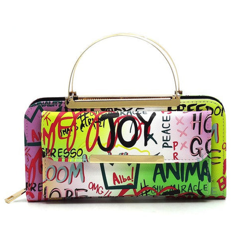 Graffiti Print Round Top Handle  Clutch Wallet