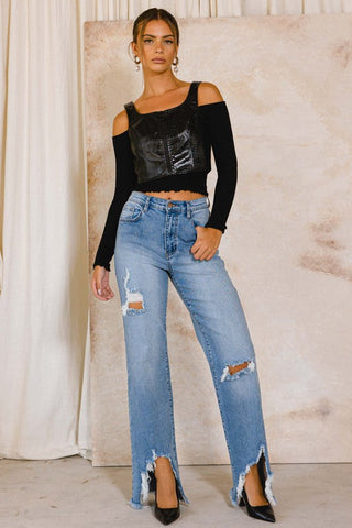 HIGH RISE DISTRESSED WIDE JEANS