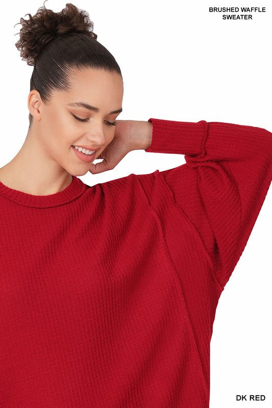 BRUSHED WAFFLE OVERSIZED EXPOSED-SEAM SWEATER