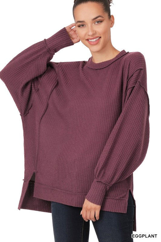 BRUSHED WAFFLE OVERSIZED EXPOSED-SEAM SWEATER