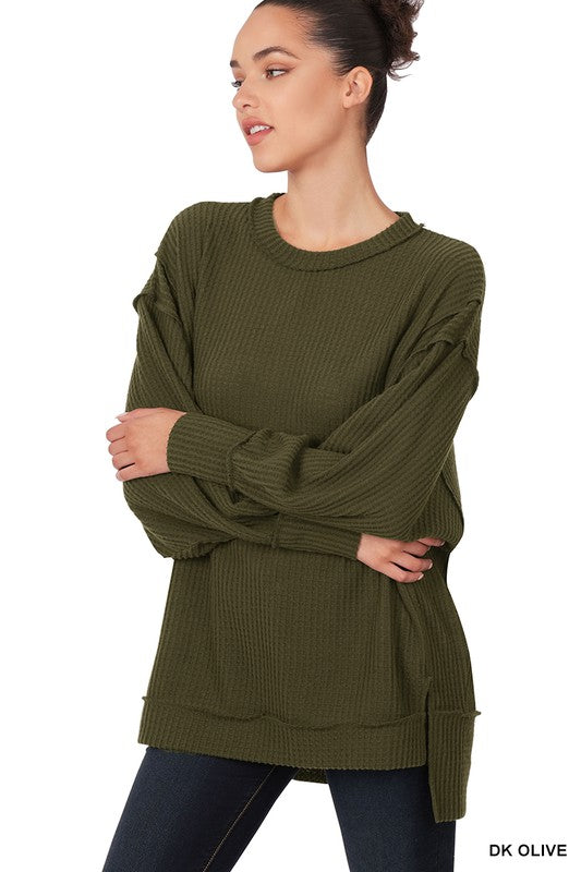 BRUSHED WAFFLE OVERSIZED EXPOSED-SEAM SWEATER