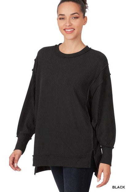 BRUSHED WAFFLE OVERSIZED EXPOSED-SEAM SWEATER