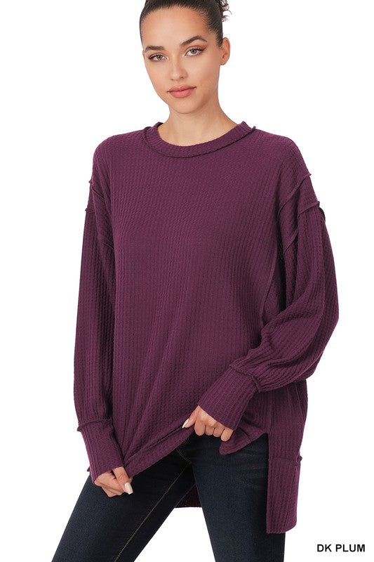 BRUSHED WAFFLE OVERSIZED EXPOSED-SEAM SWEATER