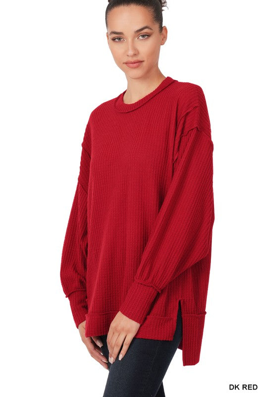 BRUSHED WAFFLE OVERSIZED EXPOSED-SEAM SWEATER