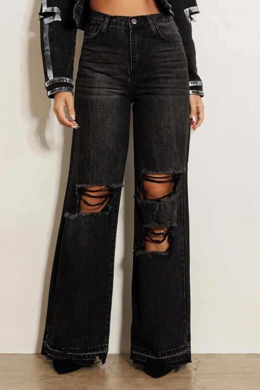 HIGH WAISTED DISTRESS WIDE LEG