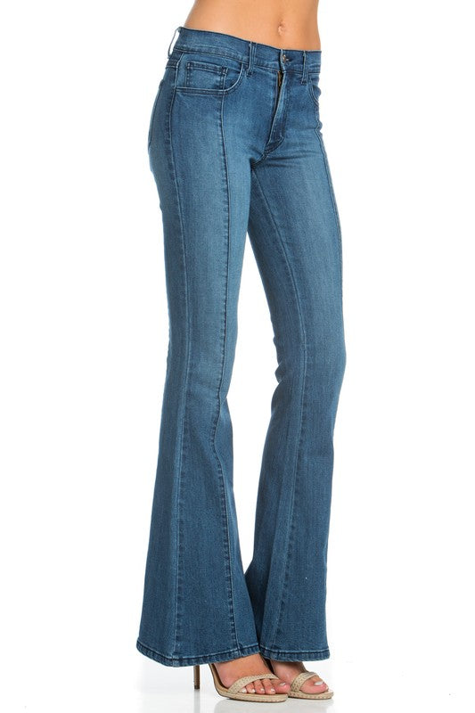 front seam flare denim mid wash