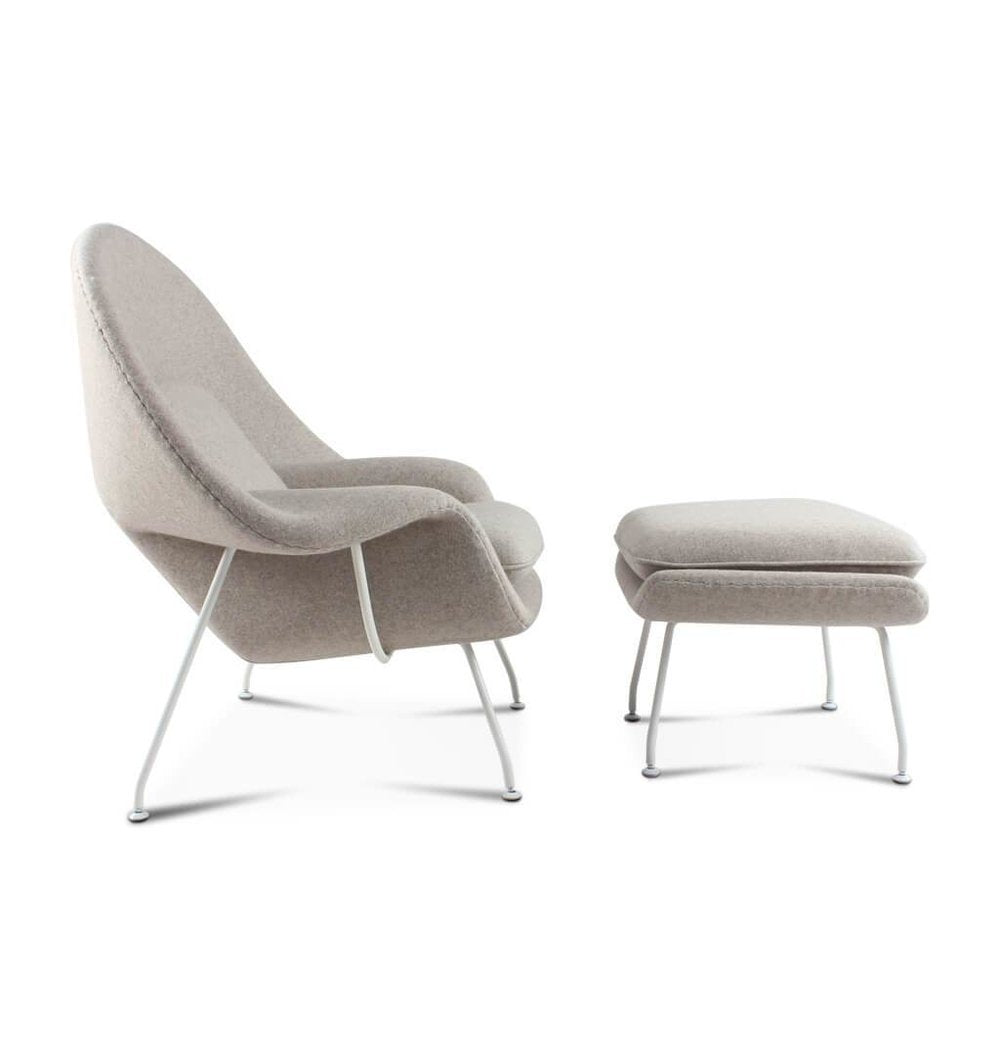Daire Chair & Ottoman - Light Grey Cashmere Wool - White Metal Base
