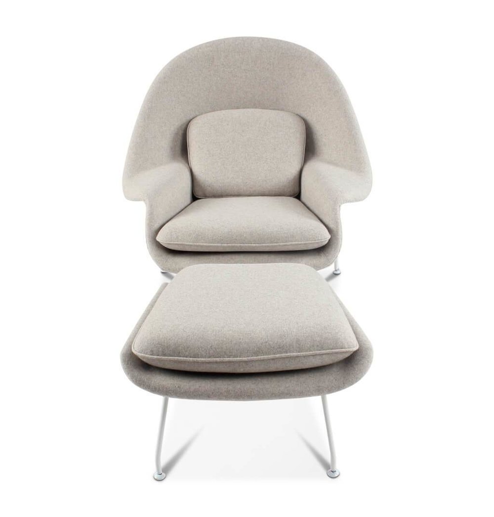 Daire Chair & Ottoman - Light Grey Cashmere Wool - White Metal Base
